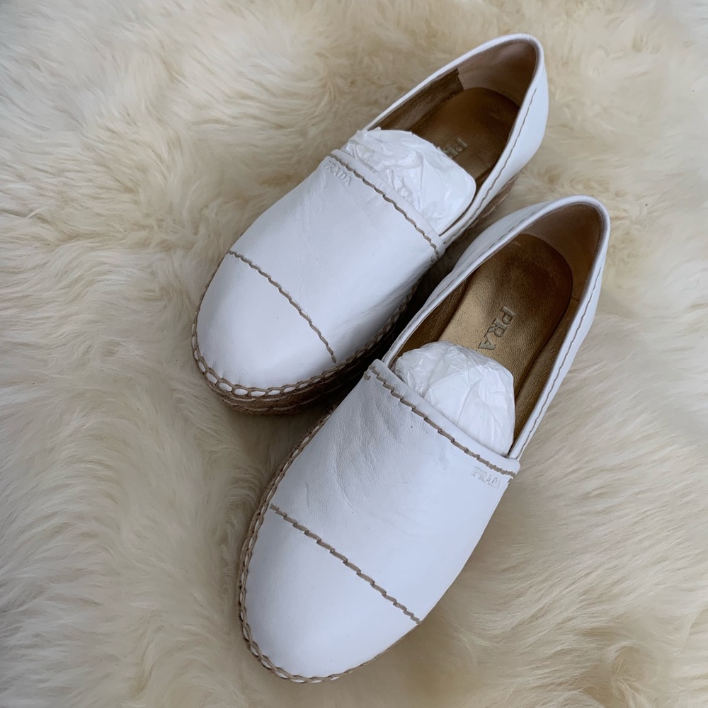 Prada White Leather Platform Espadrille